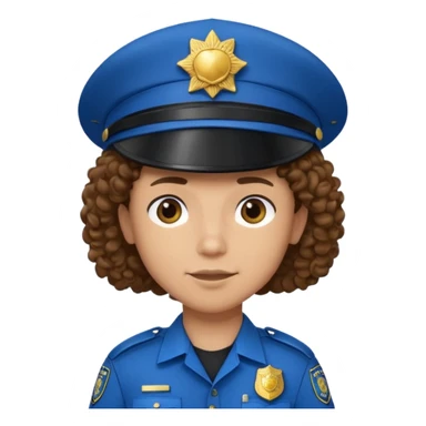 a cartoon-style avatar of a police officer with curly brown hair, wearing a black cap sticker