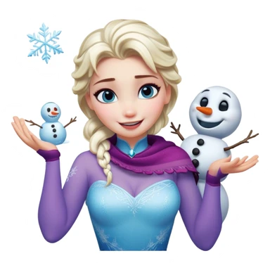 Cinematic Funny Elsa Portrait Emoji, Making a tiny snowman in her hands with a proud grin, looking smug as it dances, an unexpectedly hilarious moment of icy creativity! sticker
