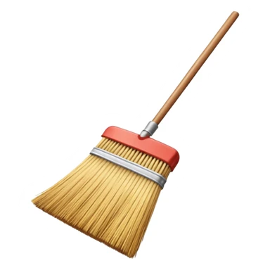 traditional broom with wooden handle cleaning dust from a carpet, straw bristles sweeping visible dust particles, vintage household cleaning tool, simple retro style, 3D cartoon, mobile game icon style, centered composition, clean background, no people, no animals, no text, no watermark sticker