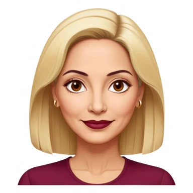 Puerto Rican actress Linette Torres in her 50s with warm light skin, mature elegant features, some fine lines, expressive eyes, well-defined eyebrows, straight nose, friendly smile, shoulder-length blonde hair, wearing a fashionable burgundy top sticker