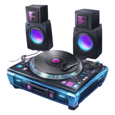 Realistic isolated DJ turntables and console setup with pink,blue,and purple sparkling diamonds and rhinestones on it. sticker