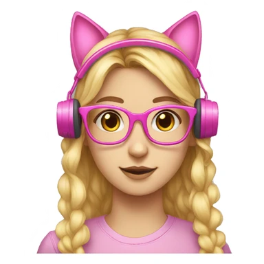 Nerd with pink glasses and long blond hairs and pink headset with cat ears sticker