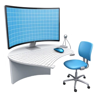 Create an emoji for 3D visualization and modeling. Show a 3D object like room model with grid lines on a big curved monitor. Add a modeling tool a mouse and stylus. Use modern, professional colors. Do not include any emojis or smiley faces. Make the background transparent. sticker