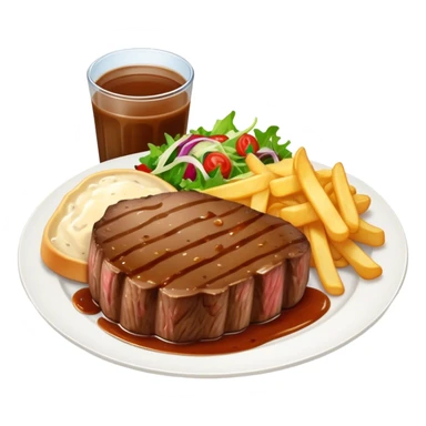 big juicy australian steak meal featuring chips, small salad in a ramiken and gravy  sticker