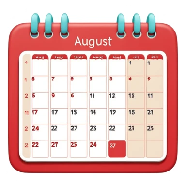 a monthly calendar labeled “August,” with rounded square date boxes, scalloped border frame, playful red doodle lines, and a cozy planner vibe. Minimal kawaii style, flat pastel color palette, slightly imperfect sketch lines, centered object, no background sticker