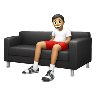 The image show a person sitting on couch. They are wearing a dirty socks and red shorts. Their legs are extended, with one foot closer to the camera. The person is wearing white socks with black text near the top, one of which is on the floor. sticker