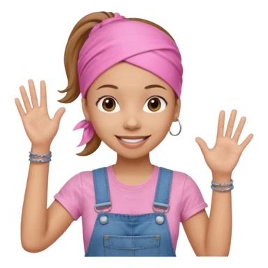 Light skin woman with brown ponytail and light pink head bandana. pink t-shirt with denim overalls. Expression is friendly with big smile and waving hello sticker