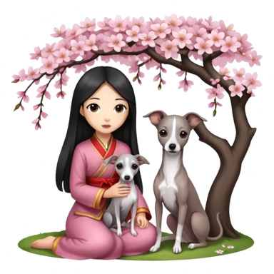 A young Chinese girl with long black hair and a dark grey Italian Greyhound with absolutely no white marks on its body or nose sitting under a cherry blossom tree sticker