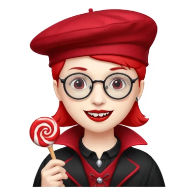 Vampire with lollipop, beret and glasses, teeth looks like vampire sticker