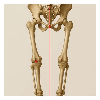 Hyperrealistic anatomical illustration 4K, rear view, 1:1 proportion, normal knee seen from behind, pelvis bones, femur, tibia, and fibula clearly highlighted, red mechanical axis line, realistic details, medical style, neutral background. sticker