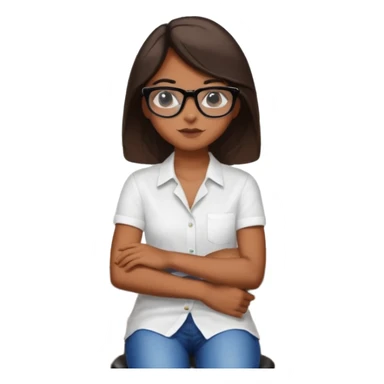 No pero que las florecitas azules estén en la camiseta dibujadasCréame una chica morena de pelo más o menos por los hombros con granitos en la cara y unas gafas negras, que esté sentado en una silla de bar con una camisa blanca con florecitas azules sticker