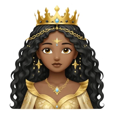 a black beautiful angel with gold pattern on her face and and long wavy black hair, she wears a ethereal crown with sparkling strings and a beautiful sparkling golden gown with moon crest in the middle of the gown, her face calm, gentle and kind, magical aura around her sticker