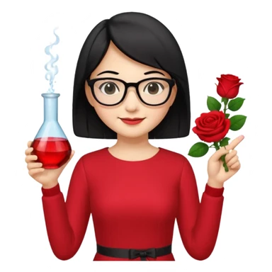 female asian chemistry teacher wearing glasses holdin a flask pointing right with straight short hair to her shoulders wearing a red dress with roses on it and black hair and make the glasses more retangle and make her hold a flash with one hand and with the other point right and make her smile sticker