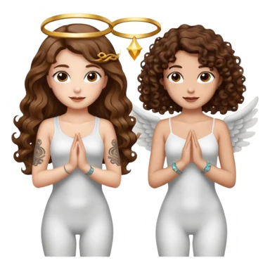 fake angel pose — long wavy brown hair tattooed woman and short tight curly brown hair woman — halo sparkle sticker