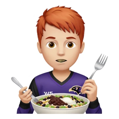 a red-haired boy wearing a ravens jersey and eating a chipotle burrito bowl sticker
