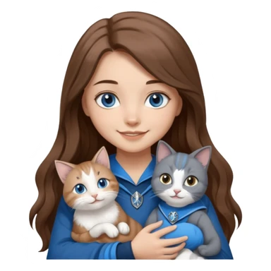 gorgeous Girl with light skin, blue eyes, long brown hair, wears a ravenclaw outfit, with a grey and white cat holding in her arms sticker