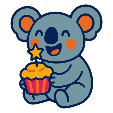 happy koala holding cupcake with 1 star candle in vibrant-toon style sticker