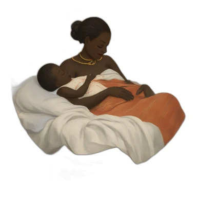 The tribal african woman sleeping in bed with a babies bab babies, 17th century, sticker
