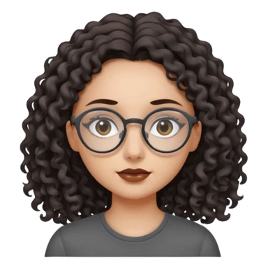 aesthetic white girl with dark brown, long curly hair, she wears a dark grey top and  glasses and her eyes are black sticker