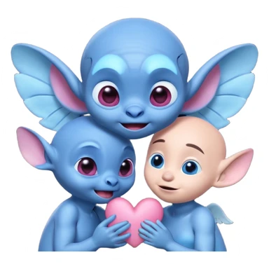 Emoji style: A cute pink alien girl (Angel from Lilo & Stitch) kisses a blue alien boy (Stitch) on the cheek. Stitch looks surprised and his eyes turn into pink hearts. Angel is smiling with eyes closed. 3D emoji style sticker
