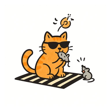 Make the cat orange, keep the hand drawn doodle style, cat wearing sunglasses and eating a mouse. The style should resemble notion style hand drawn doodles. sticker