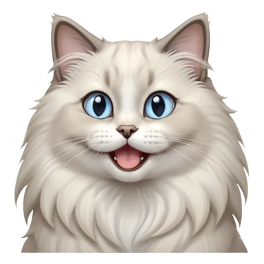 Cinematic Adorable Fluffy Light Grey Mantle Ragdoll Cat Portrait Emoji, Head tilted cutely with big, sparkling blue eyes, soft light grey fur with darker points on the ears, face, and paws, Simplified yet irresistibly adorable features, highly detailed, glowing with a soft, warm glow, high shine, yawning in a peaceful and playful manner, stylized with a touch of whimsy, bright and endearing, soft glowing outline, capturing the essence of a relaxed and loving kitten, so cute it feels like it could leap out of the screen and stretch into a cozy nap! sticker