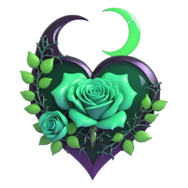 gothic heart made of obsidian glass, silver crescent moon, emerald green roses, holographic stardust, neon green lightning, wet and cracked glass sticker