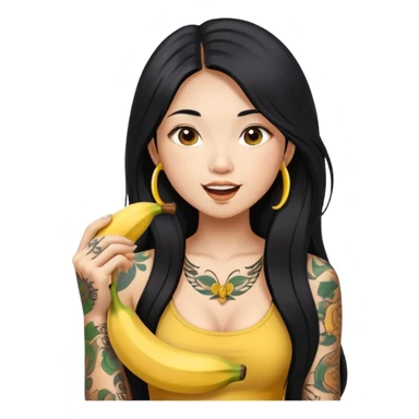 Beautiful Asian girl with long black hair and body tattoos eating a banana sfw sticker