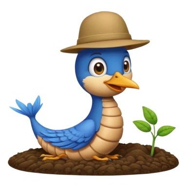 a blue bird wearing a hat, standing on a worm sticker