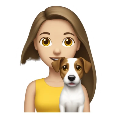 Brunette Long haired white girl wearing yellow top with jack russell sticker