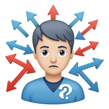 	A clean, flat-vector style icon that conveys information overload. Center a simplified human figure with a puzzled expression, surrounded by multiple overlapping arrows, question marks, and data symbols to represent too many choices. Use a modern color palette (e.g., muted blues, grays, and pops of bright accent colors) to highlight the feeling of confusion and overwhelm, while maintaining a crisp, minimalistic design. sticker