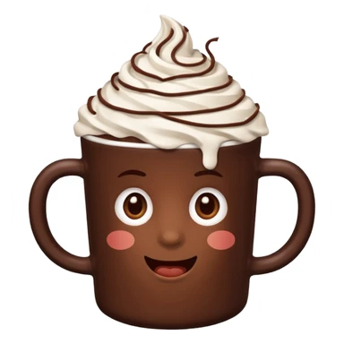 “hot chocolate emoji, whipped cream on top, chocolate shavings, cute, minimal, white background” sticker