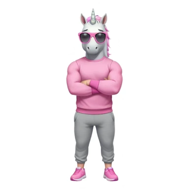 friendly anthropomorphised male white unicorn with a fit, chunky, muscular and strong physique, arms and legs matching the white of the head, wearing grey tracksuit pants and pink jumper, sunglasses, standing with arms folded sticker