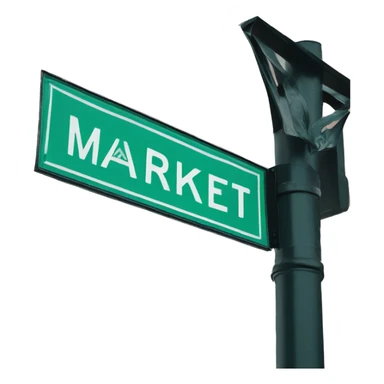 Street sign that says MARKET in blue with green bandana sticker