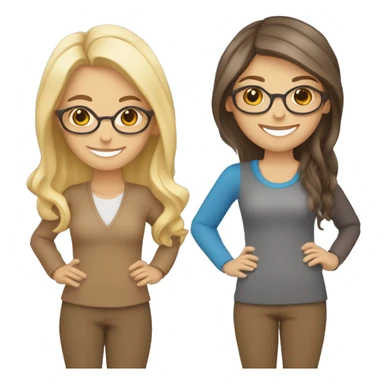 Smiling women, on the left side blonde with blue eyes and middle length straight hair and on tve right brunette with wavy hair, brown eyes and brown glasses, smiling and holding hands sticker