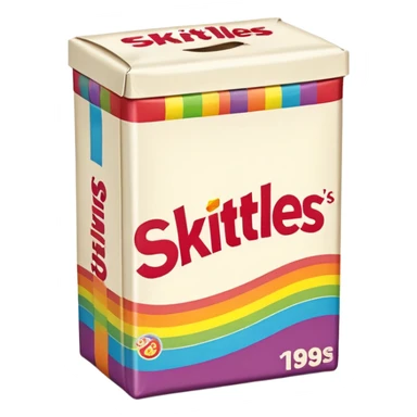 A retro 90s American Skittles package with tape on it, nostalgic design, classic rainbow styling from the 1990s sticker