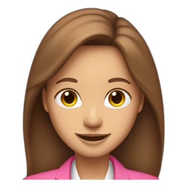 Woman with long brown hair, pretty smile, dressed with a pink blazer sticker