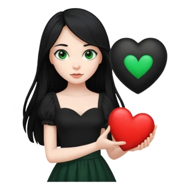 Pale girl with long black hair and dark green eyes wearing black dress and holding black heart sticker