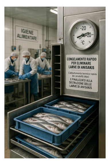 a fish processing facility where freshly caught fish are placed on trays and moved into a large industrial freezer. A temperature gauge shows -20°C, and an educational label explains that rapid freezing (abbattimento) is used to kill Anisakis larvae. The background includes workers in protective clothing and clear signage about food safety. in italiano sticker