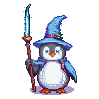 penguin wizard casting a spell, pixel art style sticker