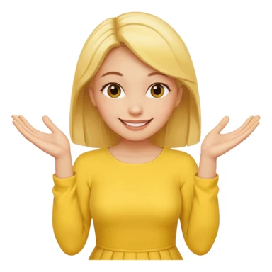 yellow smiling face girl with both hands flat under chin fingers touching sticker