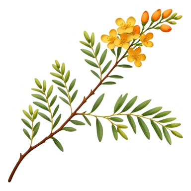 A delicate acacia flower with soft petals and vibrant colors, blooming on a slender branch with green leaves sticker