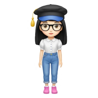 A yellow-skinned girl with long straight black hair, flat bangs, black frame glasses, a white puffy sleeve doll shirt, blue spacious jeans and pink shoes, and a black painter's hat，no yellow spikes. sticker