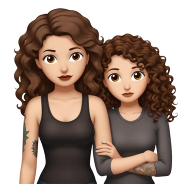 whisper plan — long wavy brown hair tattooed woman and short tight curly brown hair woman — leaning close plotting sticker