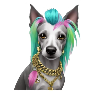 Punk tropical Chinese crested dog neon rainbow cyan green pink hair gold chain punk piercings tattoos punk ear piercings sticker