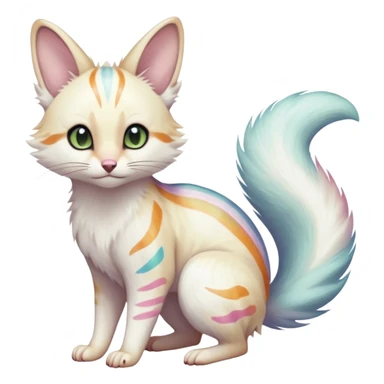  cute adorable white albino fur with random colorful iridescent markings beautiful elegant pretty precious cute  Fakémon-Pokémon-alien-opossum-feline-serval-caracal-chinchilla-Minccino-hybrid-creature with a big fluffy bushy striped tail (full body) sticker