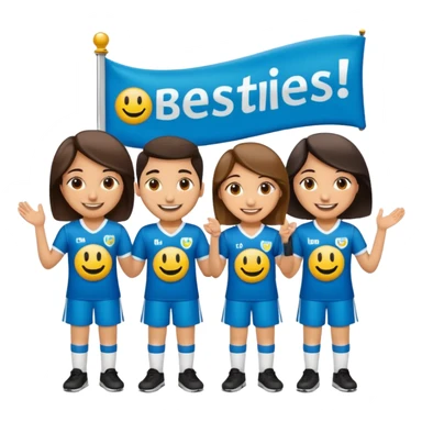 Make 5 decent characters include 4 girls and 1 boy and mentioned there names on there jersey ist husna, tuba, maleeha,alishba and boy Talha also smiley.creat a sign board and a besties off UOM and the  sign board takes by boy in his hand sticker