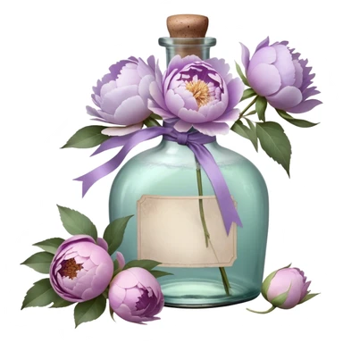 "An antique glass bottle, its surface weathered by time, cradles a loose arrangement of pastel purple peonies with petals as soft as whispered secrets. A hand-dyed silk ribbon in muted lilac cascades down the neck of the bottle, its frayed edges telling a story of elegance and age. Sunlight streams through the glass, casting delicate, shifting silhouettes of petals onto the embroidered lace below, as if nature itself had painted a moment of quiet grace."






 sticker