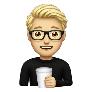 Blonde man in black jumper with clear glasses holding a white coffee cup sticker