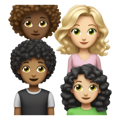 pretty white mom with curly black hair and brown eyes, a 6-year-old boy with black hair and green eyes, and a 13-year-old girl with curly blonde hair and brown eyes sticker